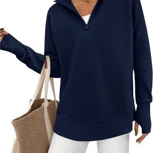 PRETTYGARDEN Womens Long Sleeve Quarter Zip Pullover Sweater, Navy, XL.